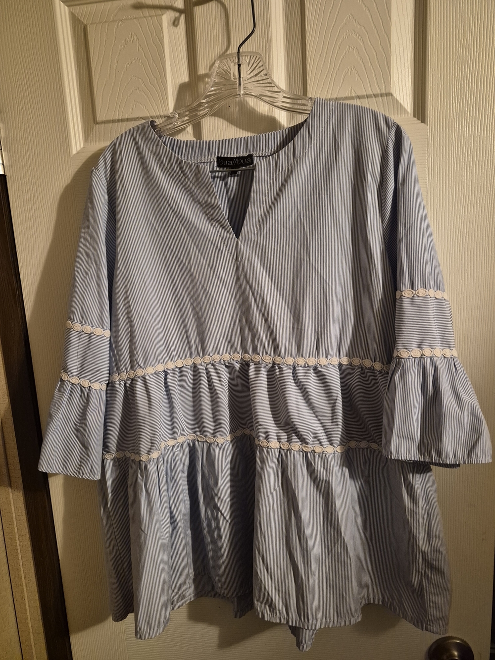 Vanilla Star Light Blue Striped Tiered Long-Sleeve Dress with Lace Trim
